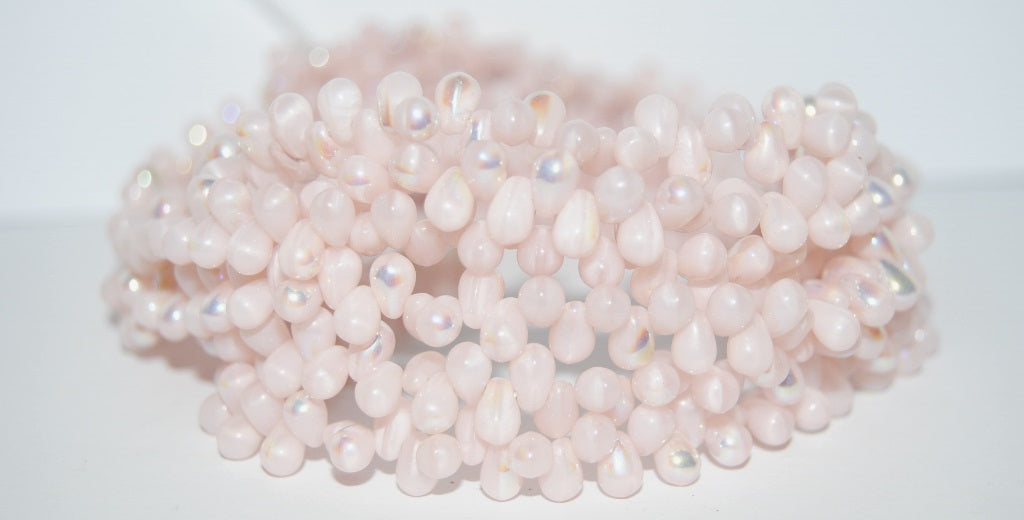 Pear Drop Pressed Glass Beads, Opaque Pink Ab (74000 Ab), Glass, Czech Republic