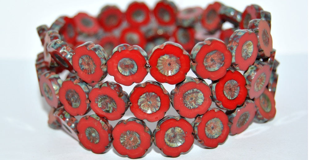 Table Cut Round Beads Hawaii Flowers, Opaque Red Stain Strong (93200 86805), Glass, Czech Republic