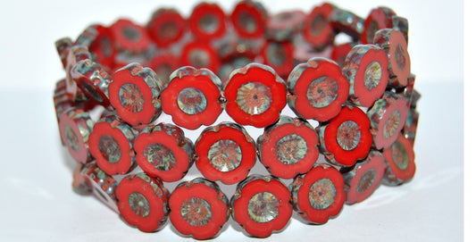 Table Cut Round Beads Hawaii Flowers, Opaque Red Stain Strong (93200 86805), Glass, Czech Republic