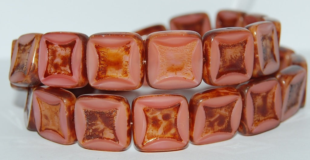 Table Cut Square Beads With Square, Opaque Pink Travertin (74020 86800), Glass, Czech Republic