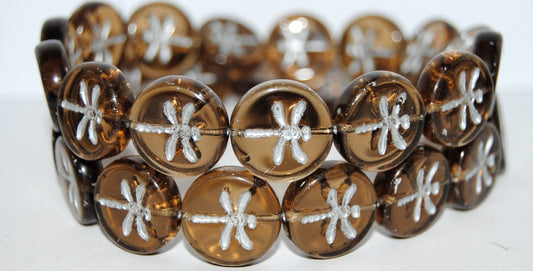 Round Flat Wit Dragonfly Pressed Glass Beads, Transparent Brown 54201 (10210 54201), Glass, Czech Republic