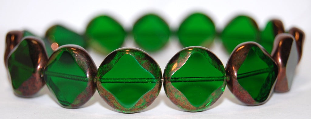 Table Cut Flat Round Beads With Rhomb, Transparent Green Bronze (50130 14415), Glass, Czech Republic