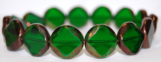 Table Cut Flat Round Beads With Rhomb, Transparent Green Bronze (50130 14415), Glass, Czech Republic