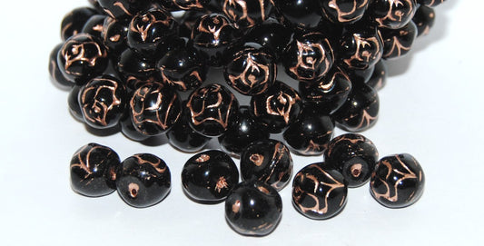 Round Pressed Glass Beads With Rose, Black 54200 (23980 54200), Glass, Czech Republic