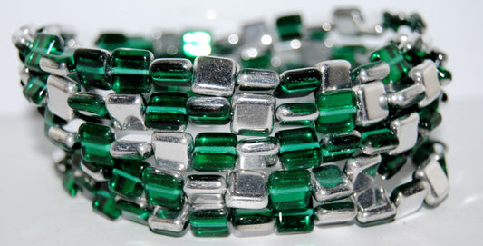 Flat Square Pressed Glass Beads, Transparent Green Emerald Crystal Silver Half Coating (50710 27001), Glass, Czech Republic