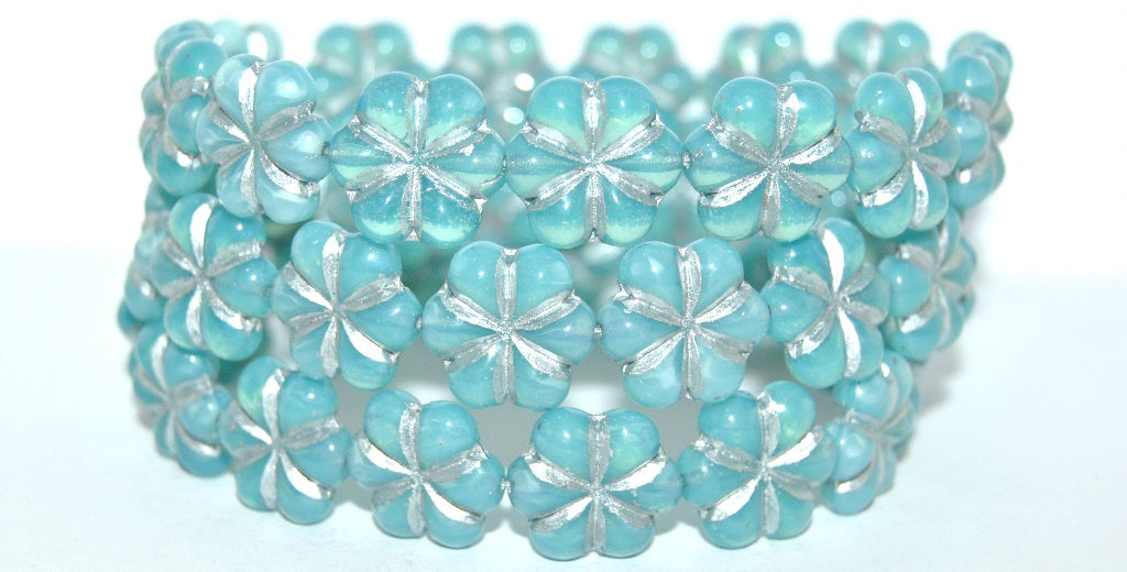 6-Petal Flower Pressed Glass Beads, Opal Aqua 54201 (61300 54201), Glass, Czech Republic