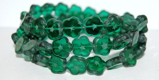 Table Cut Flower Beads, Transparent Green Emerald Matte (50720 M), Glass, Czech Republic