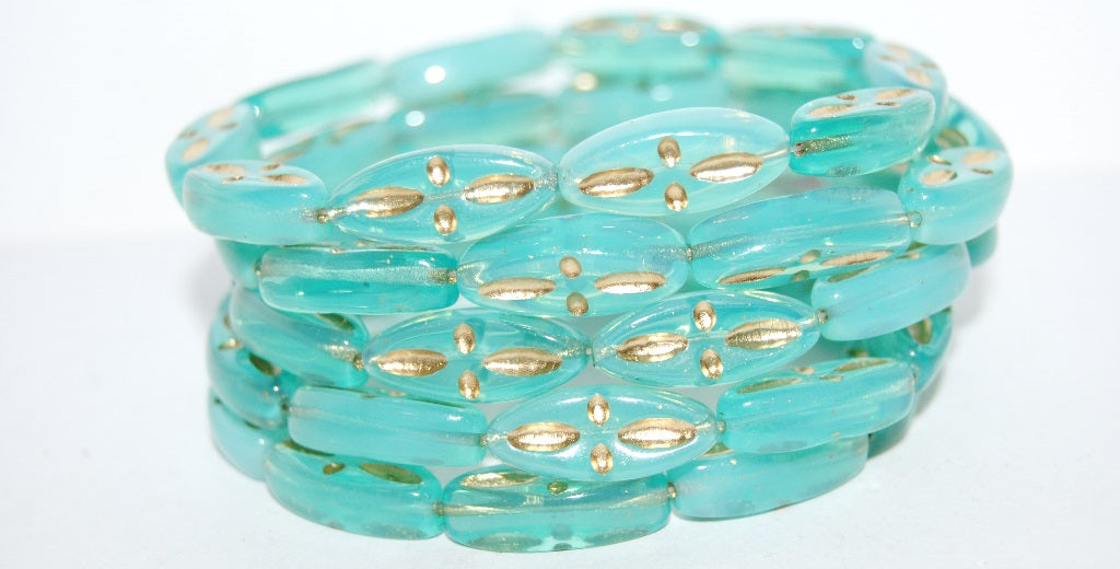 Boat Oval Pressed Glass Beads With Decor, Opal Aqua 54202 (61000 54202), Glass, Czech Republic