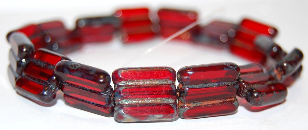 Table Cut Square Beads With 3 Lines, Transparent Red 43400 (90090 43400), Glass, Czech Republic