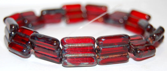 Table Cut Square Beads With 3 Lines, Transparent Red 43400 (90090 43400), Glass, Czech Republic