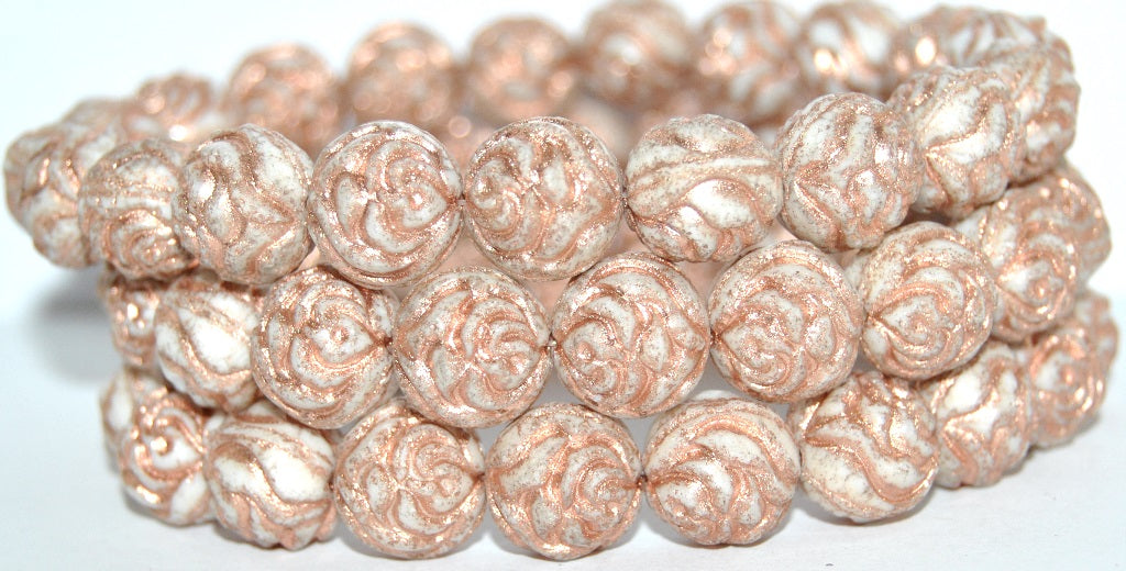 Round Rose Pressed Glass Beads, White Luster Brown Full Coated 54200 (2010 14413 54200), Glass, Czech Republic