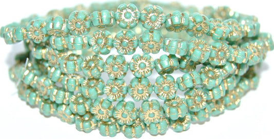 Hawaii Flower Pressed Glass Beads, Turquoise 54202 (63130 54202), Glass, Czech Republic