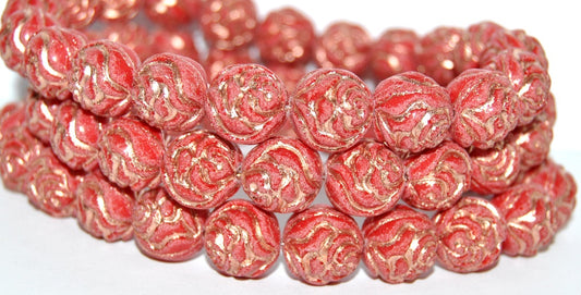 Round Rose Pressed Glass Beads, Opaque Red 54200 Antiq (93200 54200 Antiq), Glass, Czech Republic