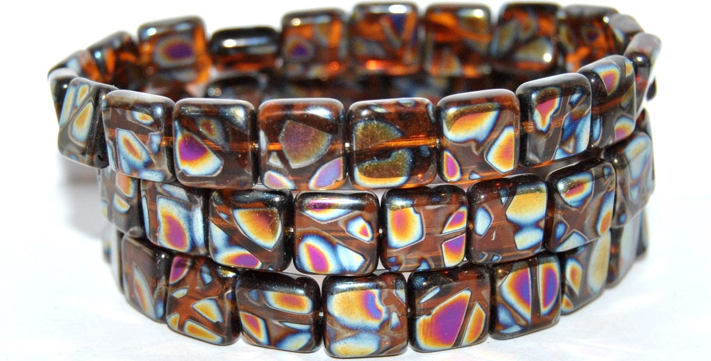 Flat Square Pressed Glass Beads, Transparent Brown 3201 15010 Batik Rainbow (10090 3201 15010 Batik Rainbow), Glass, Czech Republic