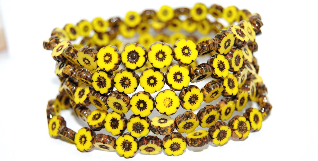 Table Cut Round Beads Hawaii Flowers, Yellow Travertin (83120 86800), Glass, Czech Republic