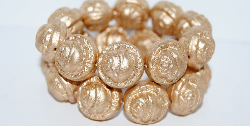 Round With Rose Flower Pressed Glass Beads, Gold Colored (1710), Glass, Czech Republic