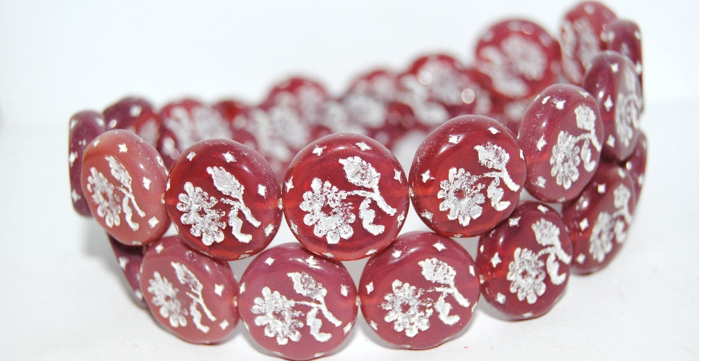 Round Flat With Flower Marguerite Pressed Glass Beads, (71010B 46401), Glass, Czech Republic