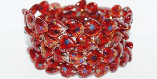 Heart Pressed Glass Beads, Mixed Colors Ruby Crack Star (Mix Ruby Crack Star), Glass, Czech Republic