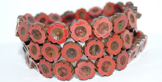 Table Cut Round Beads Hawaii Flowers, Opaque Red Travertin (93210 86800), Glass, Czech Republic