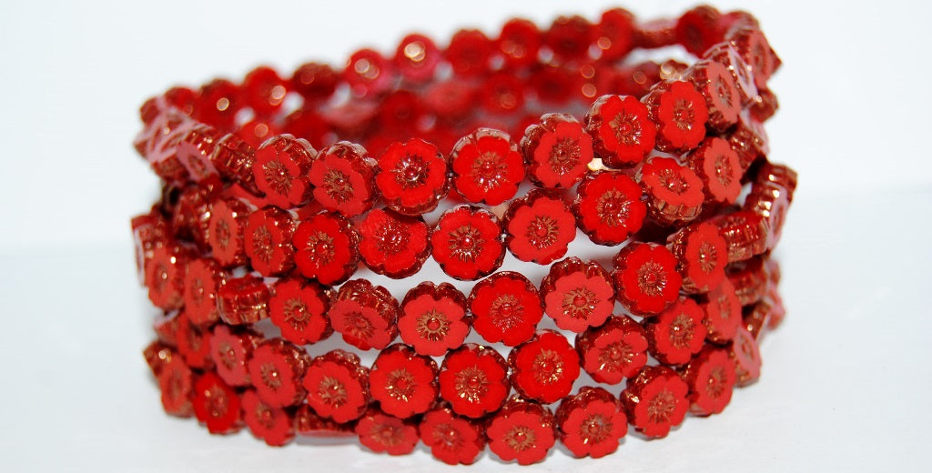 Table Cut Round Beads Hawaii Flowers, Opaque Red Bronze (93200 14415), Glass, Czech Republic