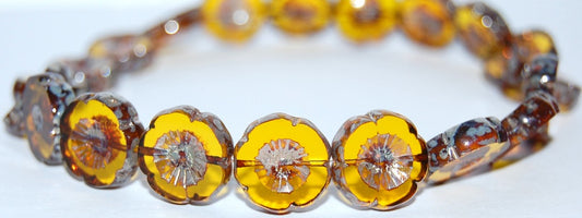 Table Cut Round Beads Hawaii Flowers, Transparent Yellow 43400 (80020 43400), Glass, Czech Republic