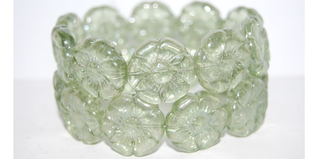 6-Petal Flower Pressed Glass Beads, Crystal Luster Green Full Coated (30 14457), Glass, Czech Republic