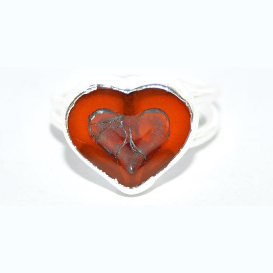 Adjustable Ring with Polished Czech Glass Bead, Heart 14 x 12 mm (G-21-E)