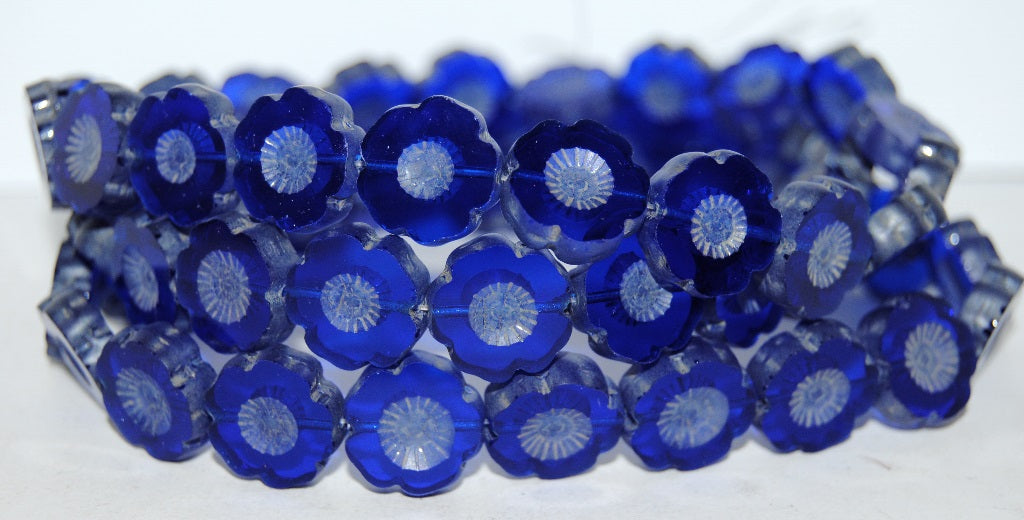 Table Cut Round Beads Hawaii Flowers, Transparent Blue Luster Cream (30070 14401), Glass, Czech Republic