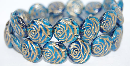 Round Flat Rose Flower Pressed Glass Beads, (6608 54202), Glass, Czech Republic