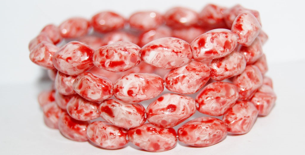 Twisted Oval Pressed Glass Beads, Chalk White Lava Glass Red (3000 Lava Glass Red), Glass, Czech Republic