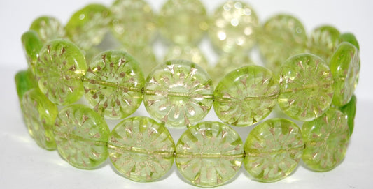 Flat Round With Flower Pressed Glass Beads, (57801 54202), Glass, Czech Republic