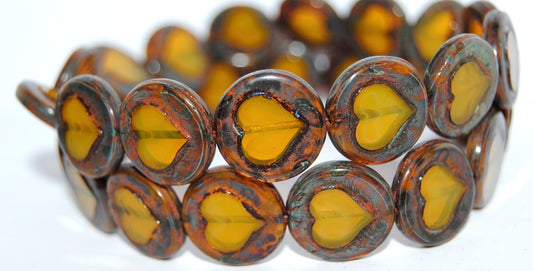 Table Cut Round Beads With Heart, Opal Yellow Travertin (81210 86800), Glass, Czech Republic