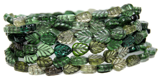 Lilac Leaf Pressed Glass Beads, Green Mixed Colors 2 23202 (Green Mix 2 23202), Glass, Czech Republic