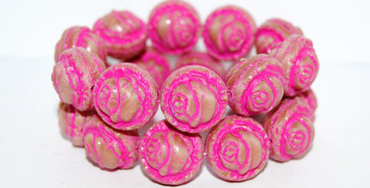 Round With Rose Flower Pressed Glass Beads, Opaque Pink 46470 (74020 46470), Glass, Czech Republic