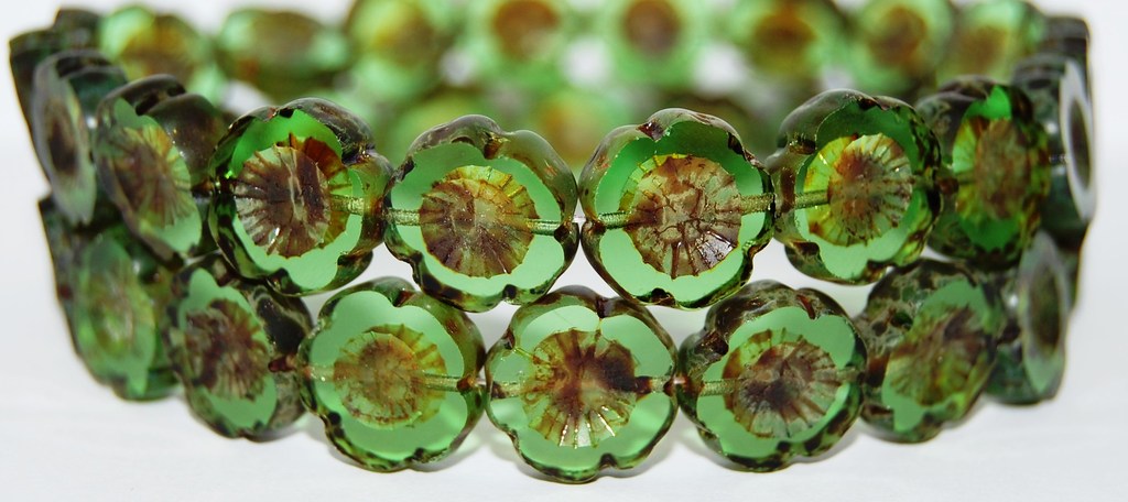 Table Cut Round Beads Hawaii Flowers, Transparent Green Travertin (50220 86800), Glass, Czech Republic