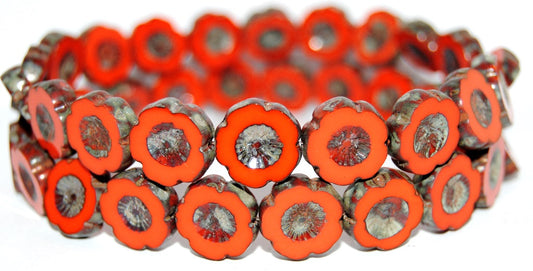 Table Cut Round Beads Hawaii Flowers, Opaque Orange 43400 (93160 43400), Glass, Czech Republic