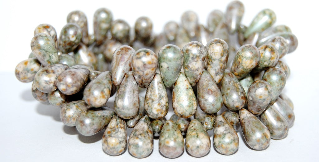 Pear Drop Pressed Glass Beads, Chalk White Senegal Green (3000 15657), Glass, Czech Republic