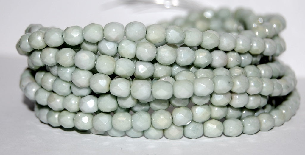 Fire Polished Round Faceted Beads, White Luster Green Full Coated (2010 14457), Glass, Czech Republic