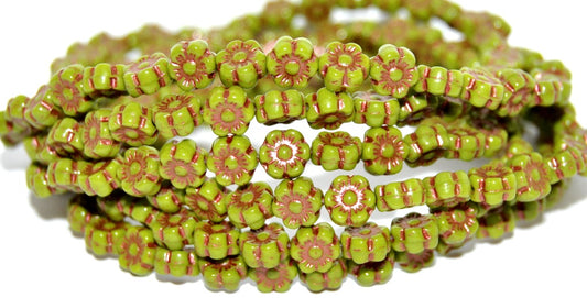 Hawaii Flower Pressed Glass Beads, Opaque Green 43806 Metalic (53400 43806 Metalic), Glass, Czech Republic