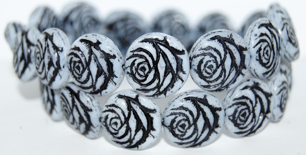 Round Flat Rose Flower Pressed Glass Beads, (41000 23202), Glass, Czech Republic