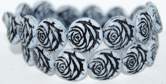 Round Flat Rose Flower Pressed Glass Beads, (41000 23202), Glass, Czech Republic