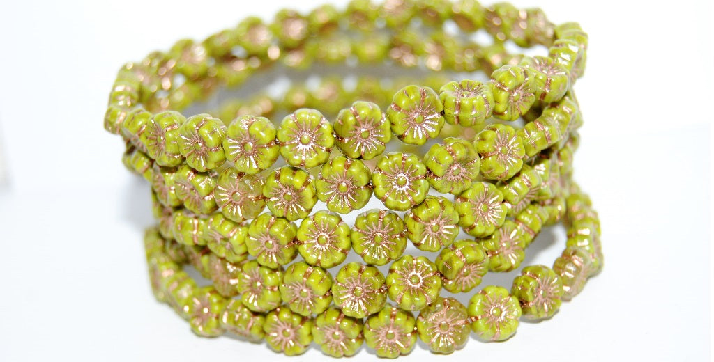 Hawaii Flower Pressed Glass Beads, Opaque Green 54200 (53400 54200), Glass, Czech Republic