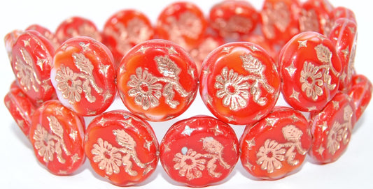 Round Flat With Flower Marguerite Pressed Glass Beads, Coral 54200 (7913 54200), Glass, Czech Republic