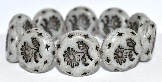 Round Flat With Flower Marguerite Pressed Glass Beads, (46006 23202), Glass, Czech Republic