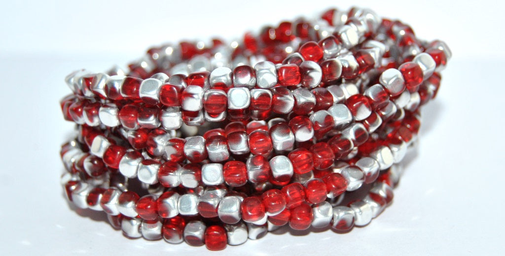 Czech Glass Pressed Beads Cube, Ruby Red Crystal Silver Half Coating (90080 27001), Glass, Czech Republic