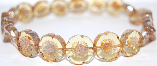 Table Cut Round Beads Hawaii Flowers, Transparent Yellow 43400 (80100 43400), Glass, Czech Republic