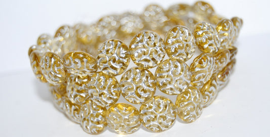 Lentil Round With Ornament Brain Pressed Glass Beads, (10020 54201), Glass, Czech Republic