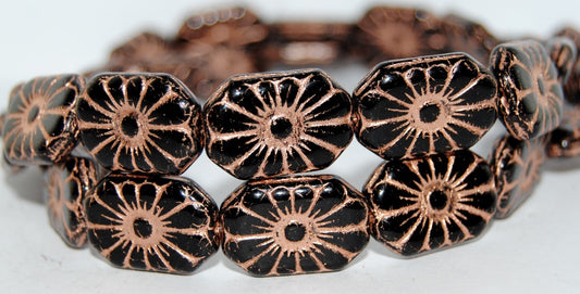 Rounded Rectangle With Flower Pressed Glass Beads, Black 54200 (23980 54200), Glass, Czech Republic