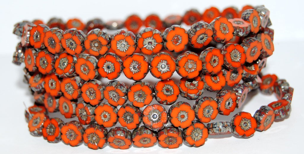 Table Cut Round Beads Hawaii Flowers, Deep Orange  43400 (93140 43400), Glass, Czech Republic