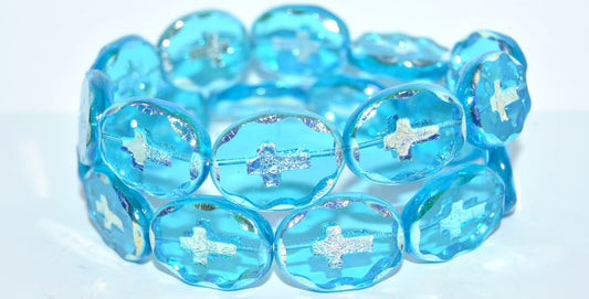 Table Cut Oval Beads With Cross, Transparent Aqua Ab 2Xside (60040 Ab 2Xside), Glass, Czech Republic